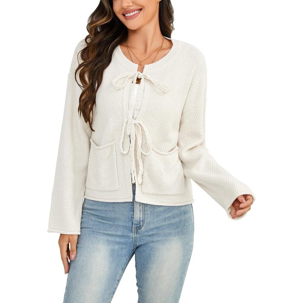 Women’s Cropped Tie Front Bow Cardigan Knit Sweater Fall Winter Long Sleeve